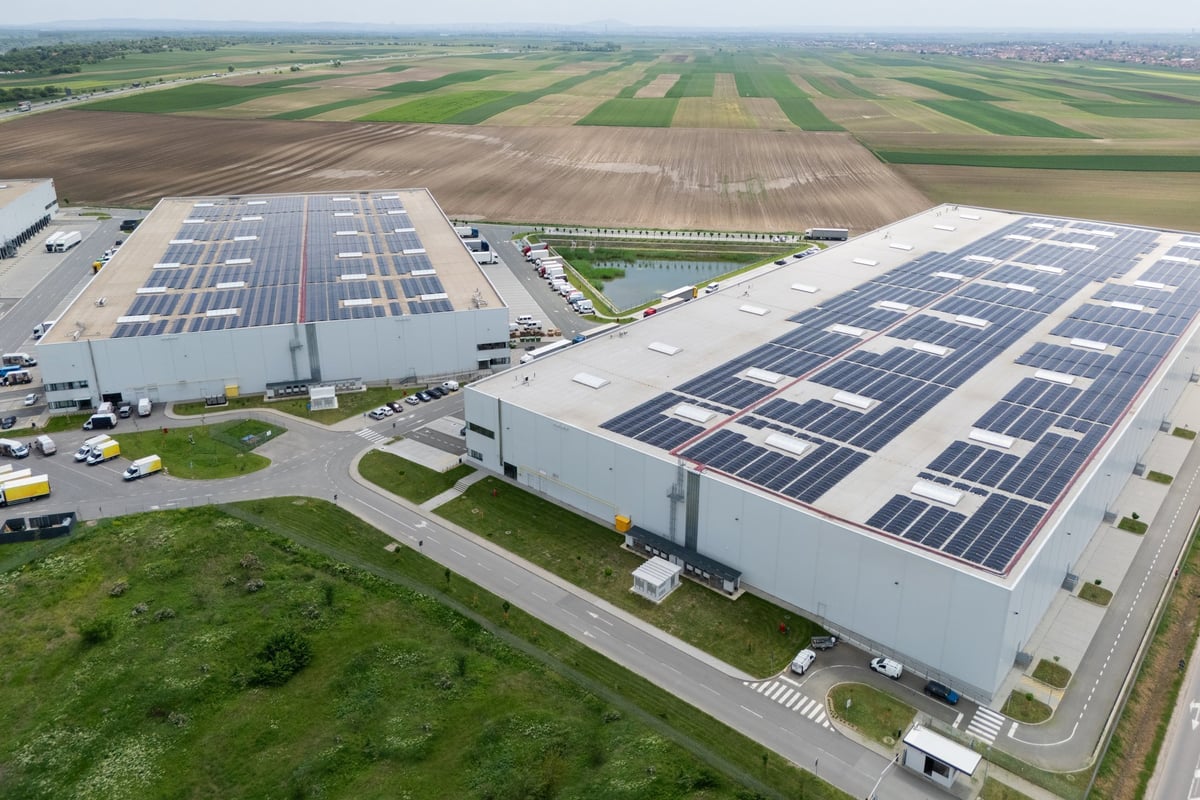 Logistics centers with solar panels on roofs. Aerial view.