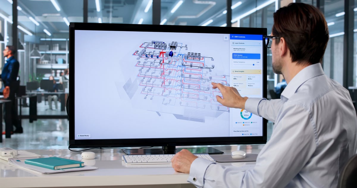 Engineer inspecting 3D BIM model on wide touchscreen