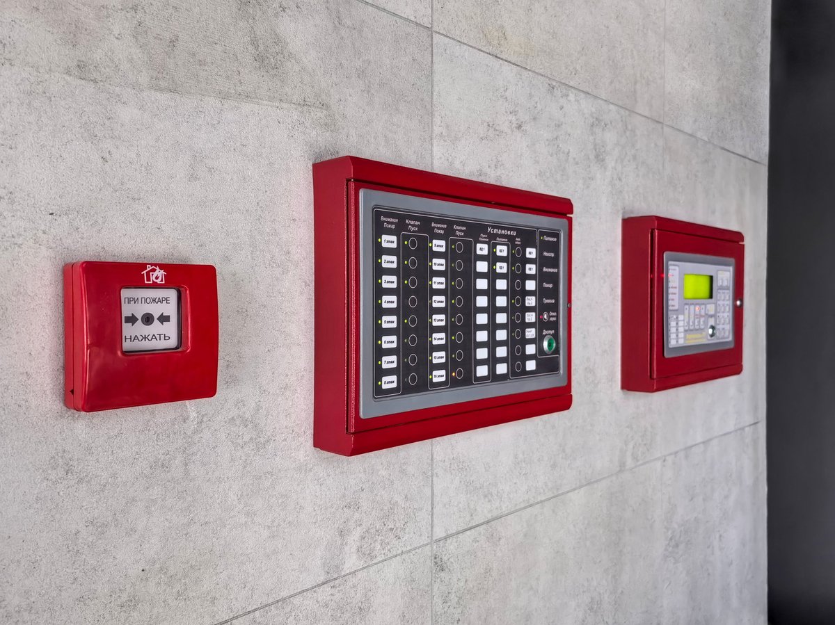Panel de control de alarma contra incendio y detector de humo en edificio