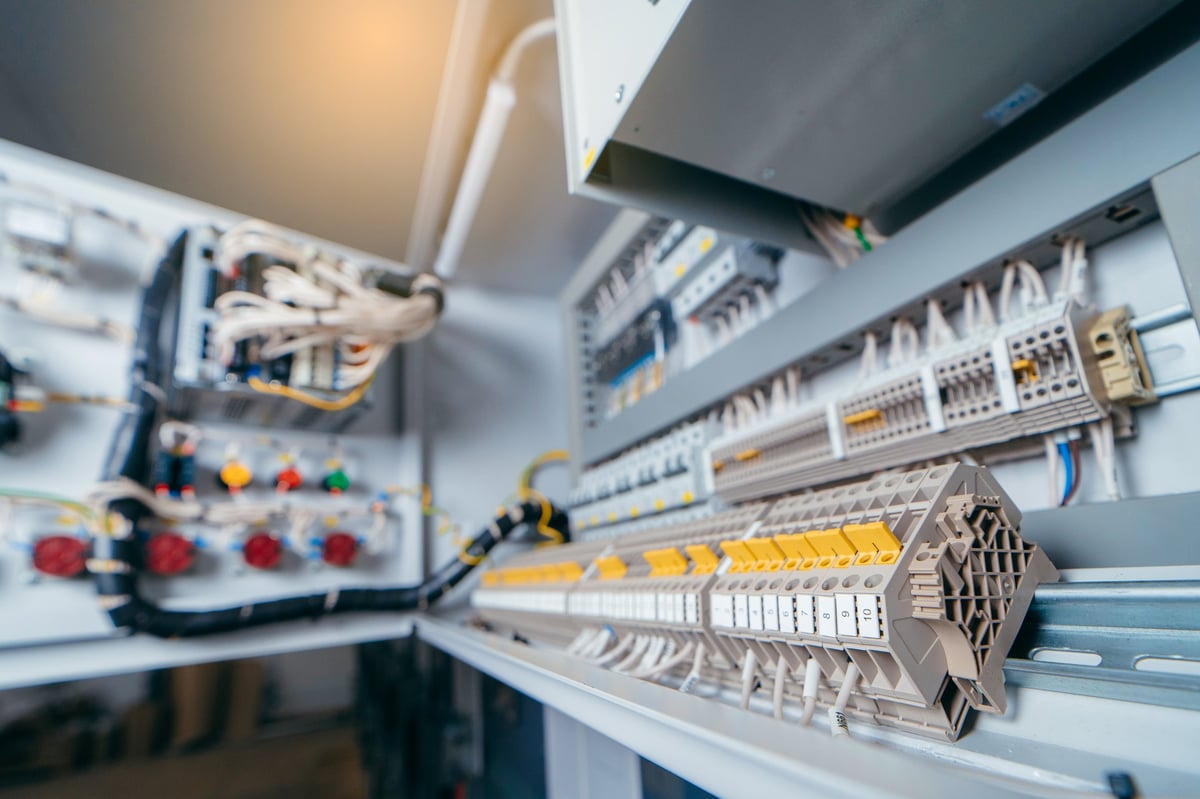 Electrical control panel with circuit breakers and wiring