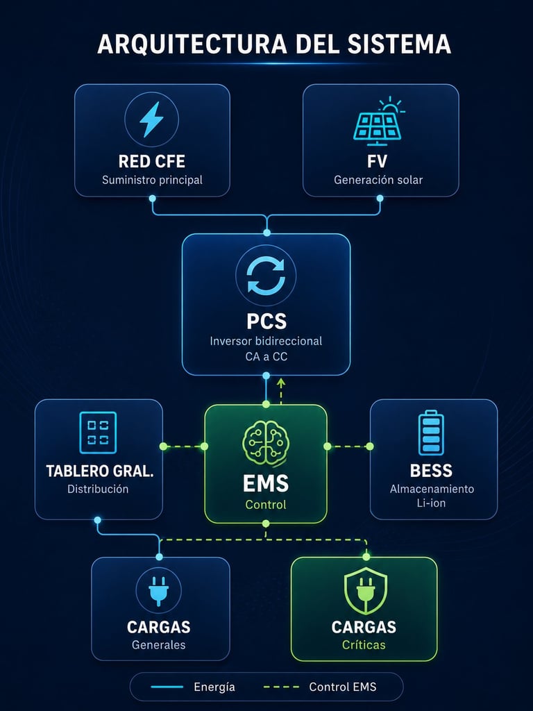 System architecture diagram showing energy flow from solar and grid sources through PCS inverter to EMS control center, connected to battery storage, distribution panel, and loads.