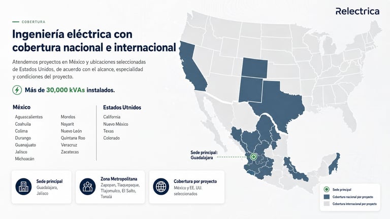 Map showing Relectrica's electrical engineering coverage across Mexico and select international locations, with 30,000 plus installations marked
