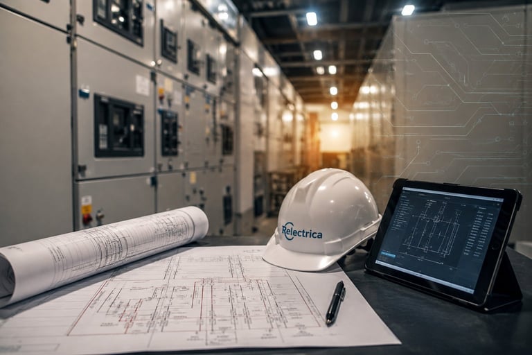 White hard hat with Electrica logo, rolled blueprints, and tablet displaying electrical schematics on desk in industrial control room
