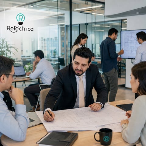 Man in business suit discusses plans with colleagues at table in modern office with glass partitions and city view