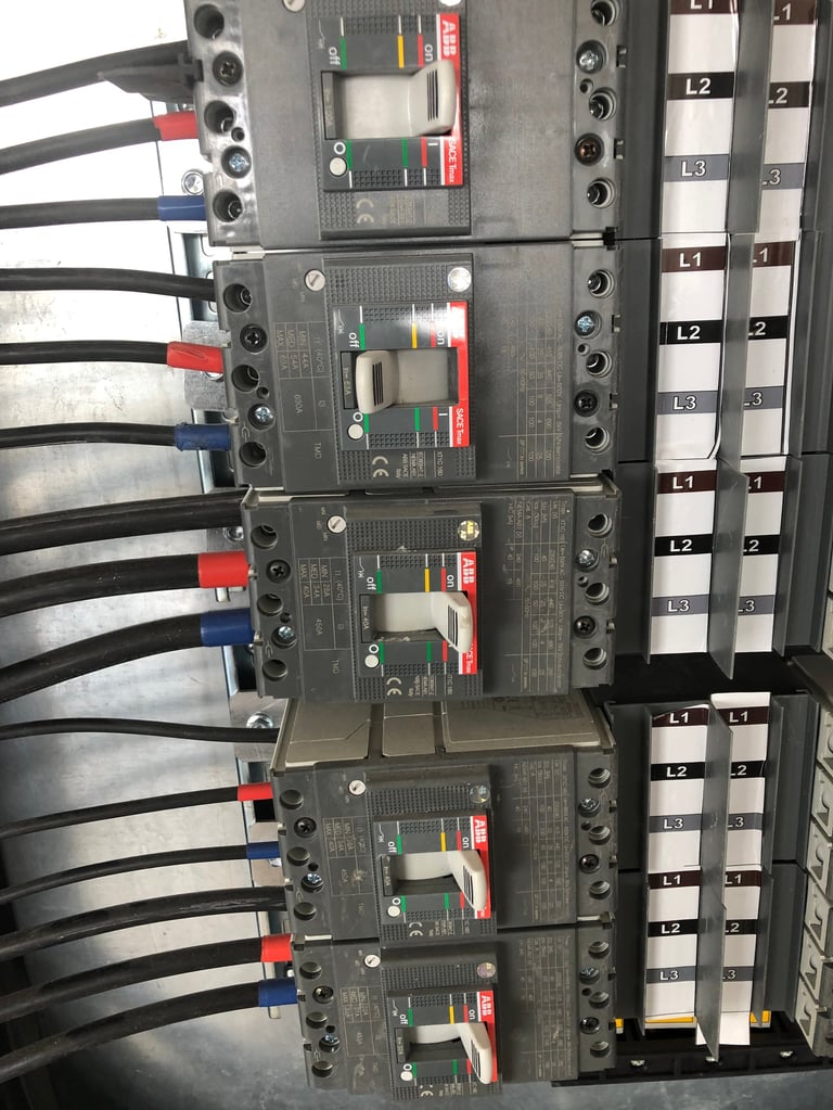 Electrical panel with circuit breakers, red and blue cables, and labeled terminals mounted vertically