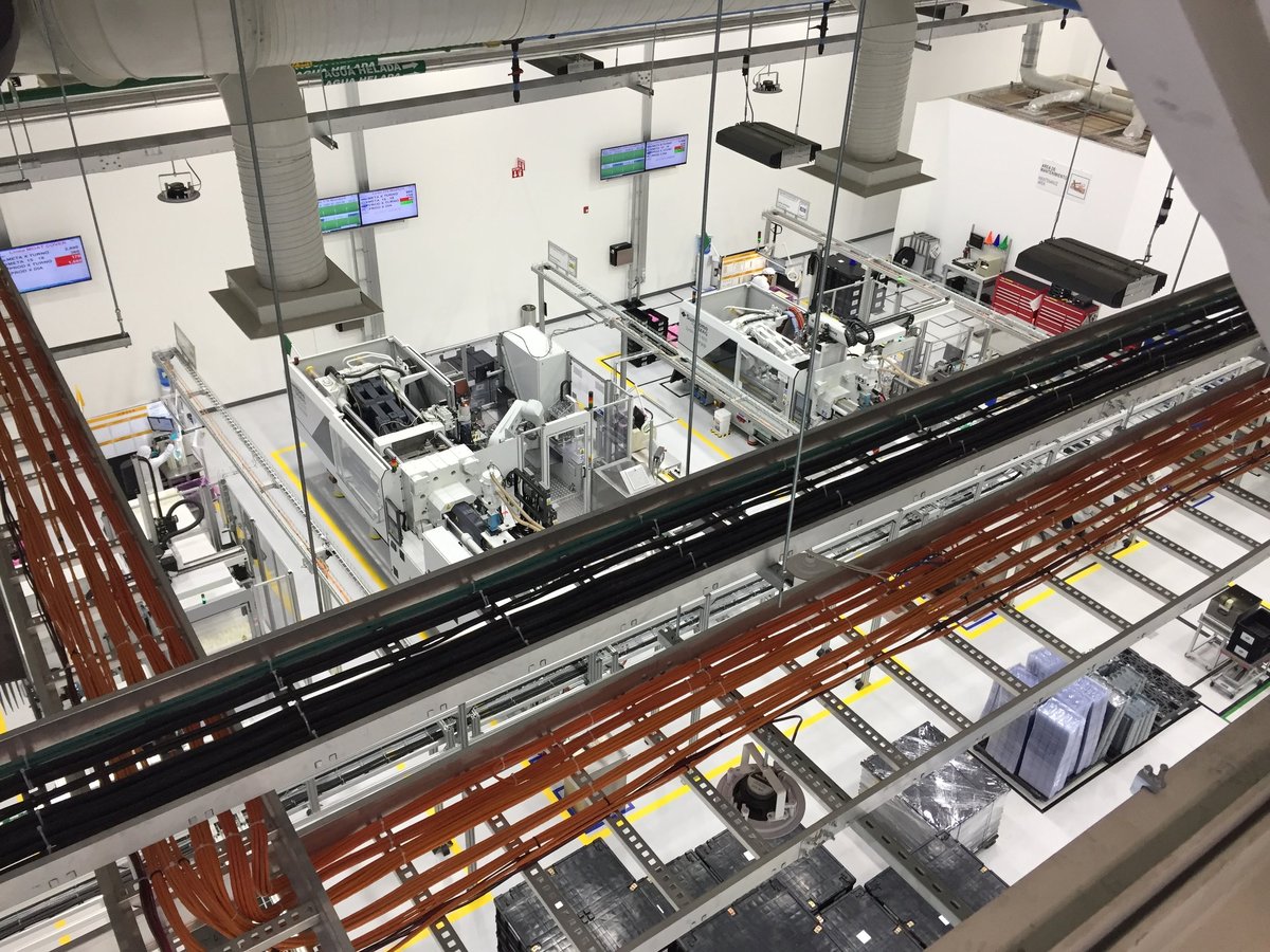 Overhead view of industrial manufacturing facility with machinery, conveyor systems, and workstations on multiple levels